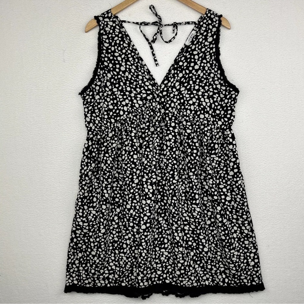 Umgee Babydoll Boho Dress Womens M Black White V Neck Sleeveless Linen Pockets